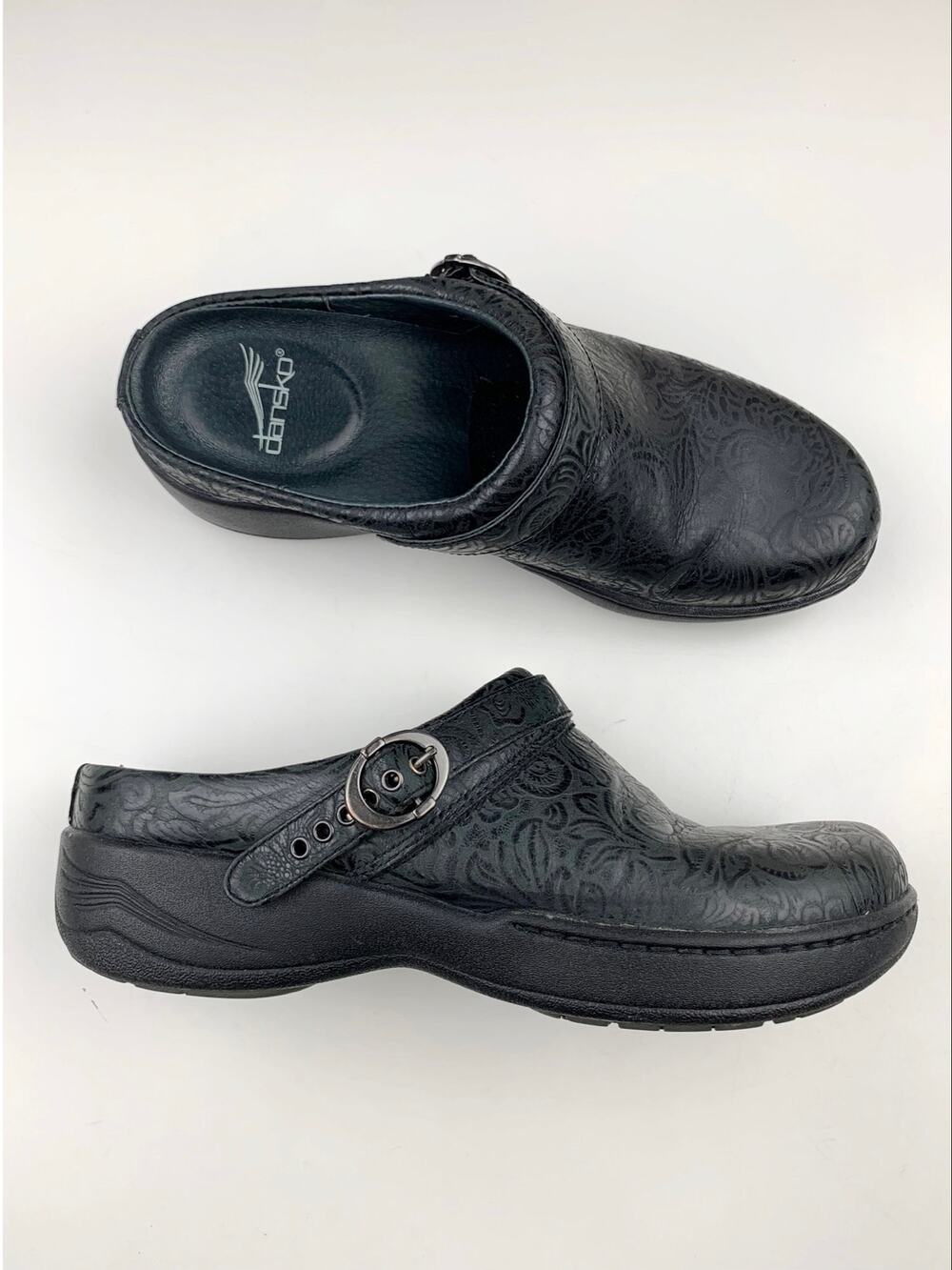 Dansko Allison Clogs Slip On Comfort Shoes Black Floral Women's 38 US 7.5 8